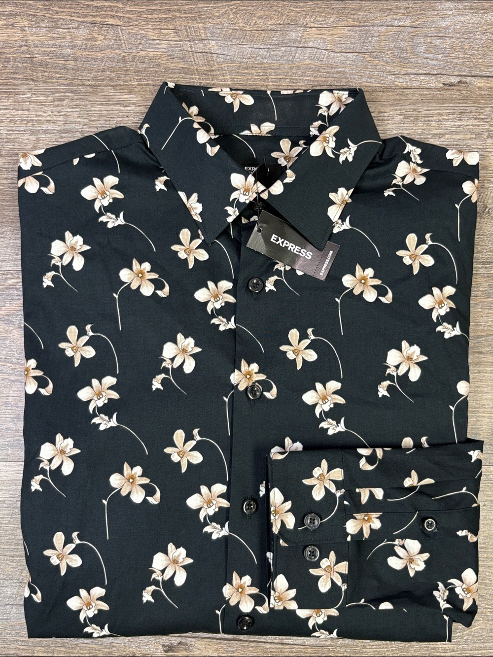 Express Extra Slim 1MX Black Floral Stretch Dress Shirt Men’s M NWT